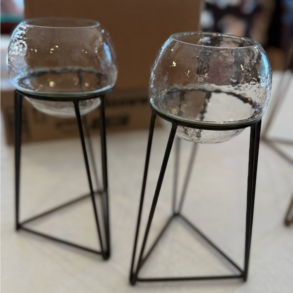Modern Glass Candle or Flower Holders with Black Stand
